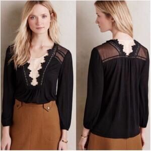 Anthropologie Meadow Rue Black Cream Sheer Embroidered Lace Blouse Size Small